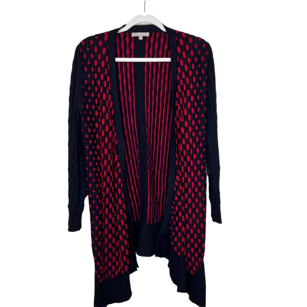 Joan Vass Cardigan L Womens Black Red Textured Open Front Sweater Size Large